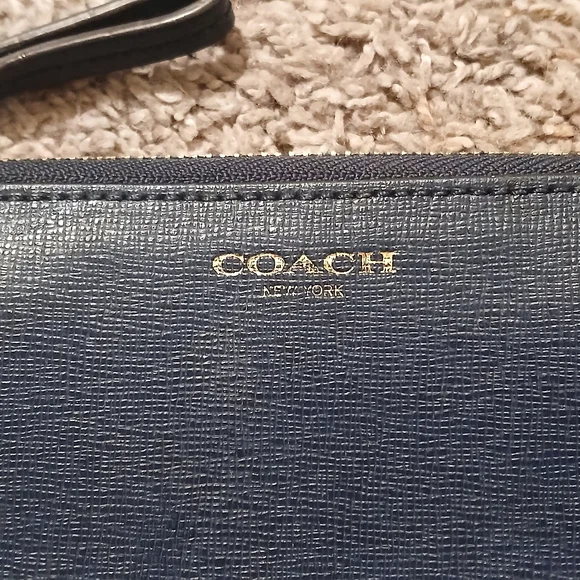 Coach Navy Blue Saffiano Leather Zip Around Wallet Wristlet | Gold Hardware - Picture 2 of 6